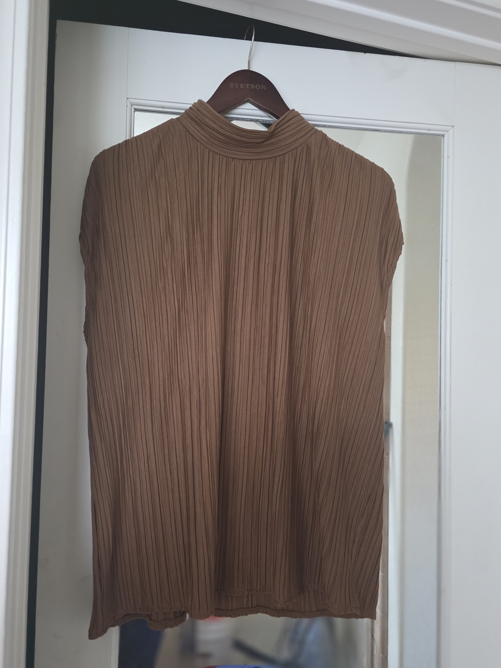 Ann Taylor Pleated Sleeveless Mock Neck Blouse in Brown
